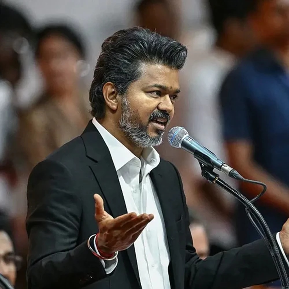 TN CM Vijay black and white suit